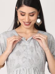 The Mom Store Grey and Gold Foil Print Maternity and Nursing Kurti