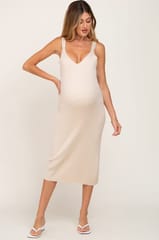 Cream Ribbed Knit V-Neck Sleeveless Maternity Midi Dress